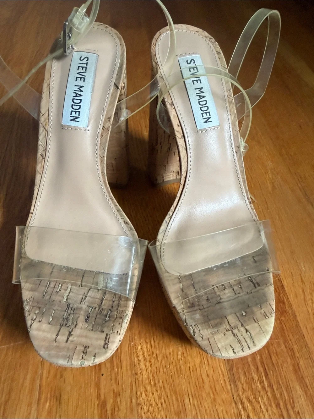 Steve Madden Clear Strap Cork Platform Sandals - Clear/Tan